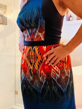 Muse Multicolor Ikat Midi Dress - Black, Red & Blue
